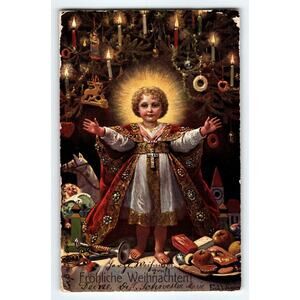 Christmas Postcard Ferd Wagner Germany Text Jesus As Child Tree Lit Candles